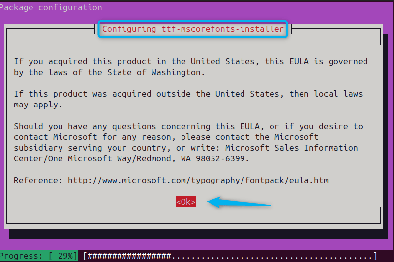 EULA terms and conditions for Microsoft fonts on Ubuntu while installing WPS Office