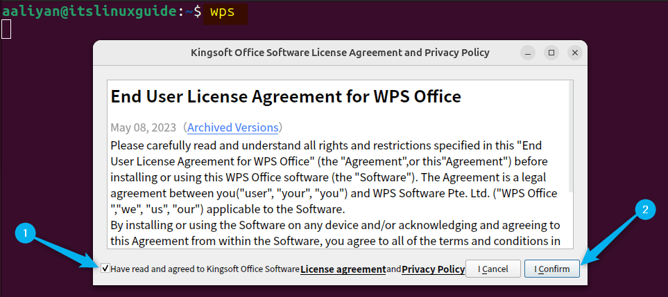 Launching WPS Office for first time on Ubuntu