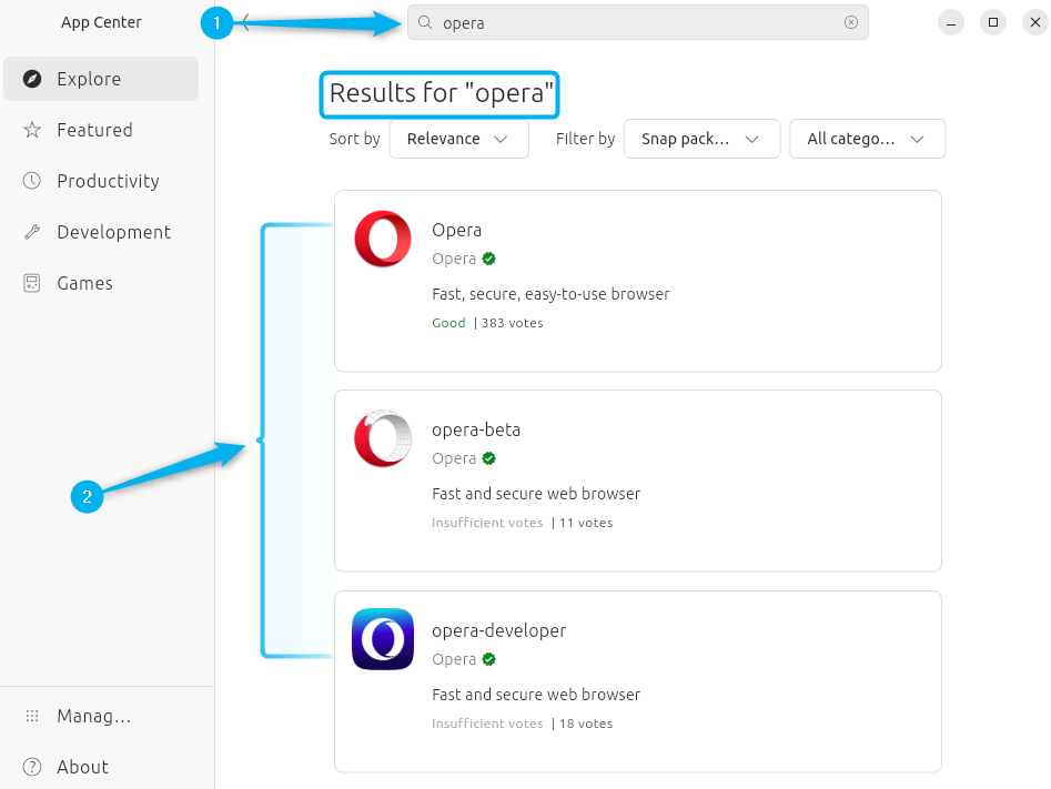 Searching for Opera in App Center on Ubuntu