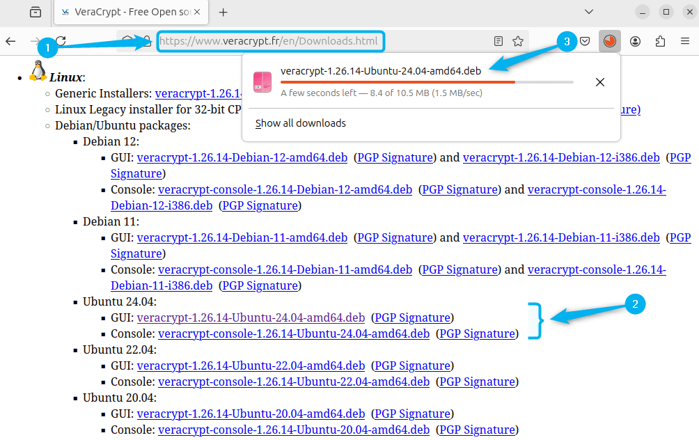 Downloading VeraCrypt deb file on Ubuntu from its Official website