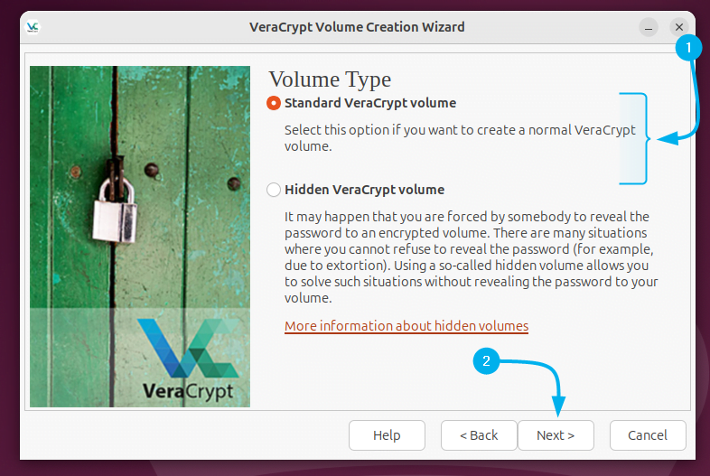 Selecting the volume type for encryption in VeraCrypt on Ubuntu