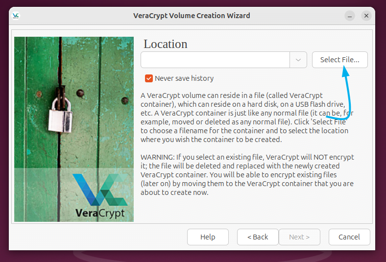 Selecting the file for encryption or selecting the storage location to be encrypted via VeraCrypt on Ubuntu