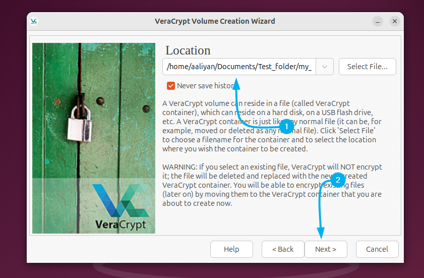 Path for the directory to be encrypted added in VeraCrypt on Ubuntu