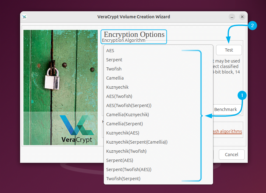 Select the desired encryption algorithm in VeraCryt on Ubuntu