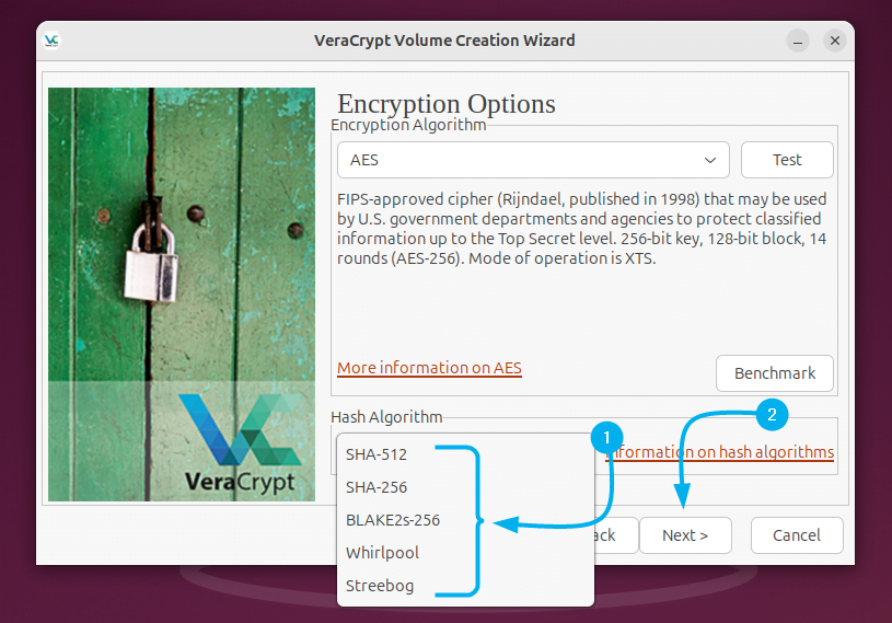 Selecting the Hash Algorithm for encryption in VeraCrypt on Ubuntu