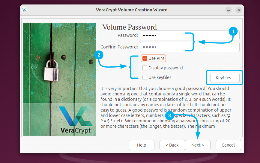 Setting the password for encrypted volume in VeraCrypt on Ubuntu