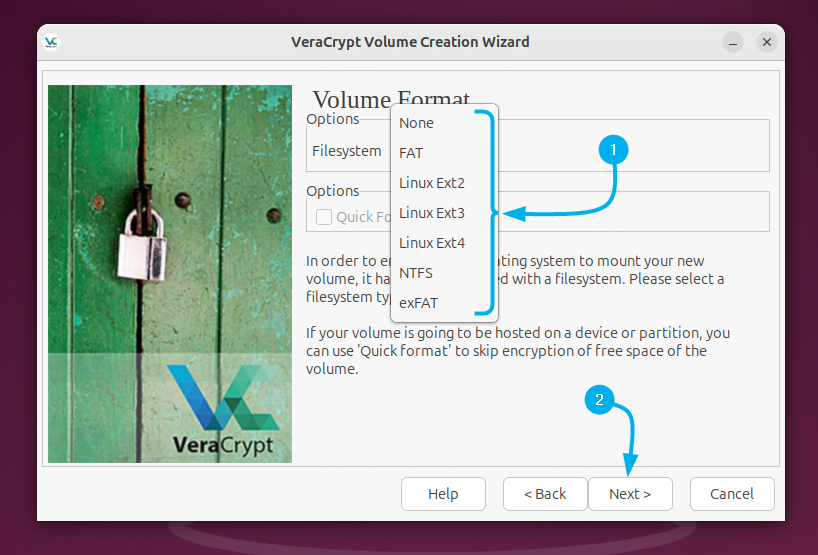 Selecting the file format for storage or directory to be encrypted via VeraCrypt on Ubuntu