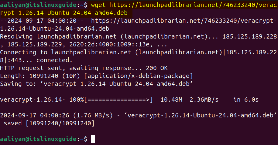 Downloading VeraCrypt deb file on Ubuntu from its terminal