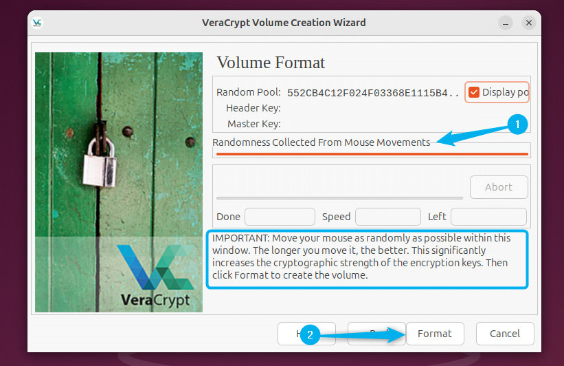 Generating the header and master key by randomly moving the mouse on VeraCrypt on Ubuntu