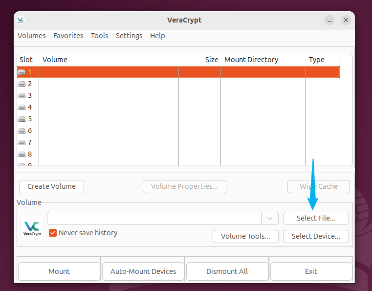 Selecting the file or directory path of encrypted storage in VeraCrypt on Ubuntu to mount