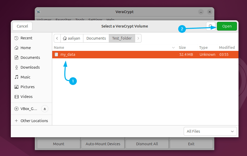 Selecting the file or directory path of encrypted storage in VeraCrypt on Ubuntu to mount