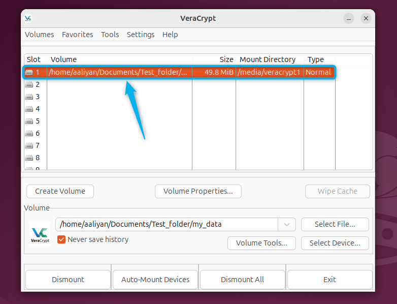 Successfully mounted encrypted drive on VeraCrypt in Ubuntu