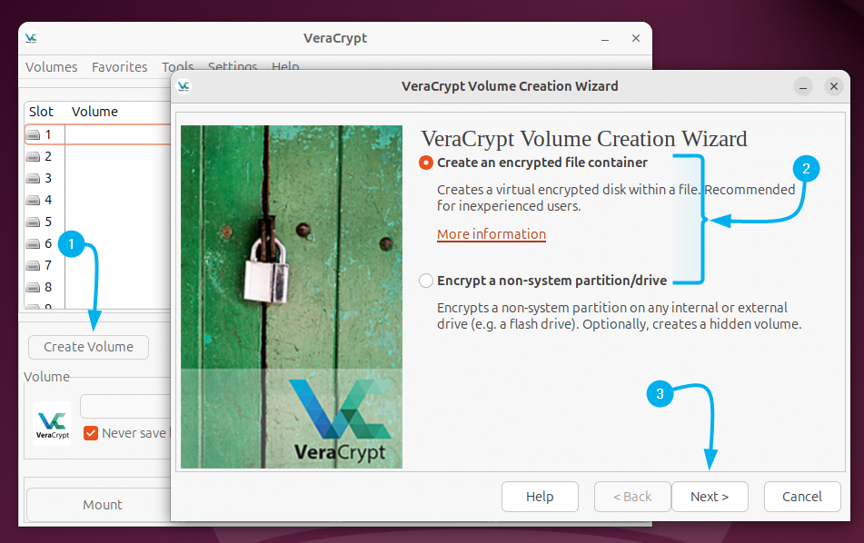 Selecting the volume specification for encryption in VeraCrypt on Ubuntu