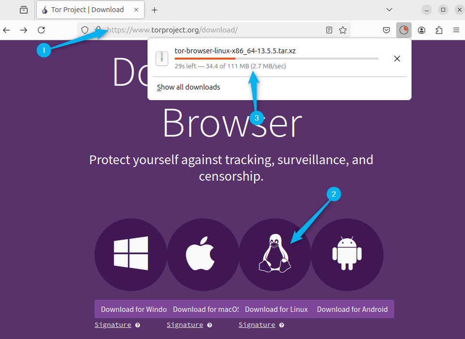 Downloading Tor browser tar file on Ubuntu from its official site