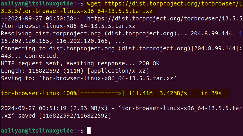 Downloading Tor browser tar file on Ubuntu from its download link