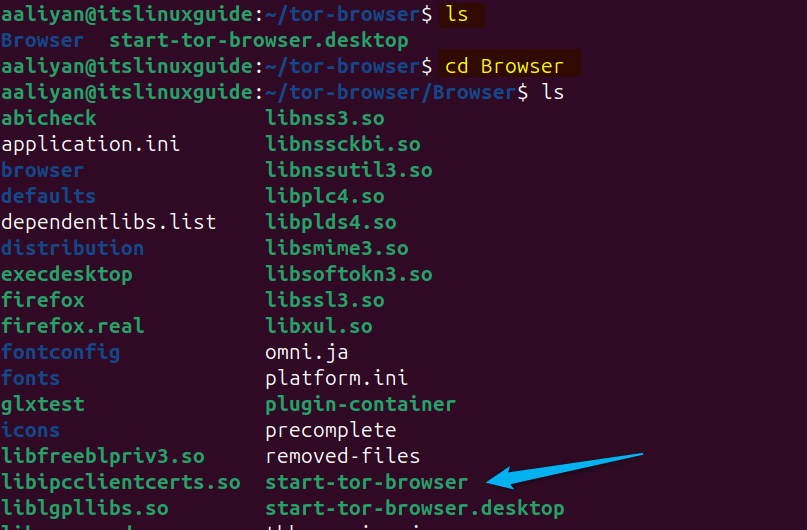 Navigating to the Browser directory, which is a subdirectory of tor-browser on Ubuntu
