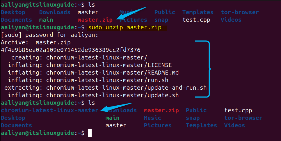 Navigating to extracted Chromium folder and then running the update.sh script on Ubuntu