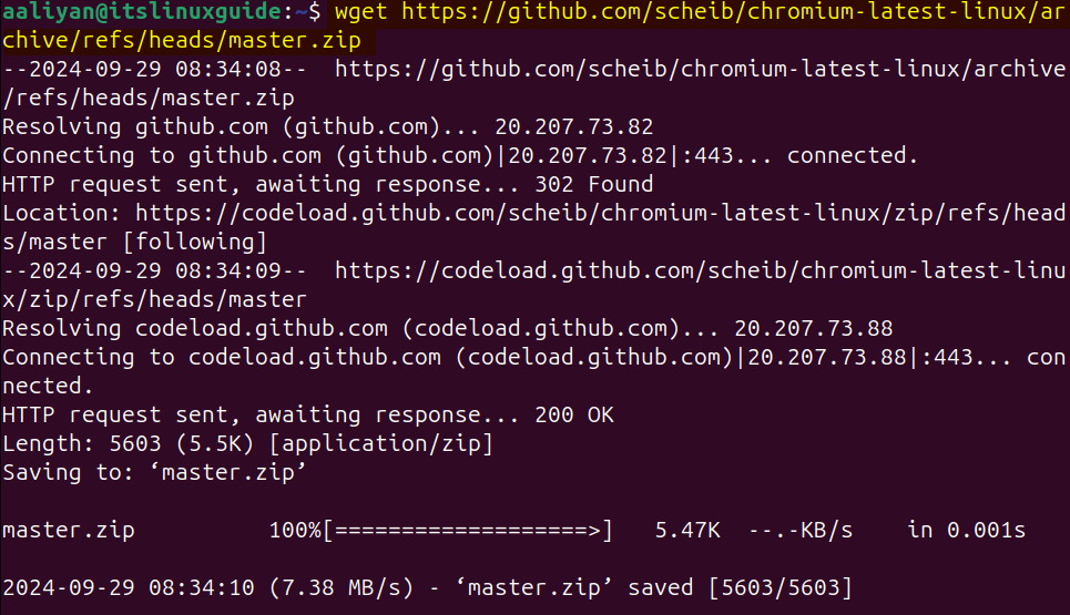 Downloading Chromium zip file on Ubuntu from GitHub