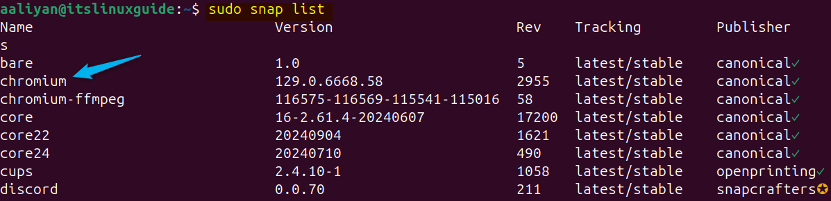 Listing snap installed apps on Ubuntu to verify Chromium installation