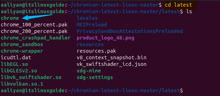 Navigating to latest directory after running the Chromium update script file on Ubuntu