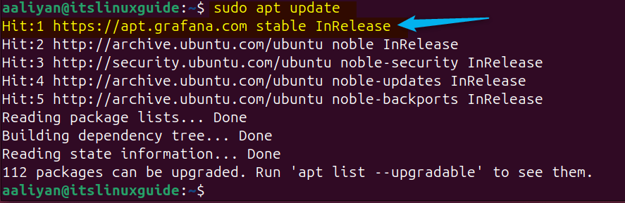 Updating apt package list on Ubuntu successfully add the Grafana repository.