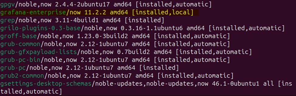 Listing apt installed apps on Ubuntu to verify the Grafana installation