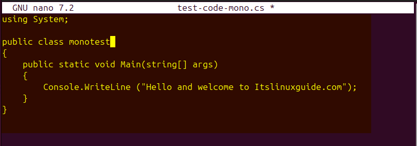 a simple code that displays the given info to demonstrate how a program can be executed using Mono
