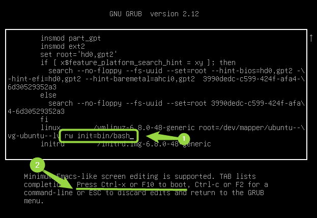 Booting with bash shell along with permissions to read and write the file system in Ubuntu GRUB menu to change root password