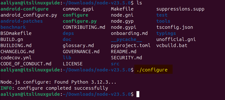 Execute the configure file for building the source code