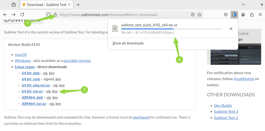 Downloading sublime text tar file directly from its official website on Debian