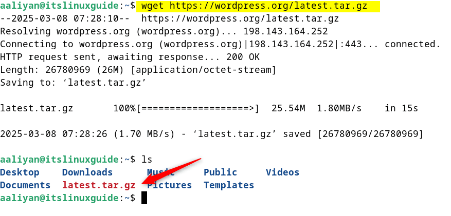 Downloading WordPress tar file on Debian 