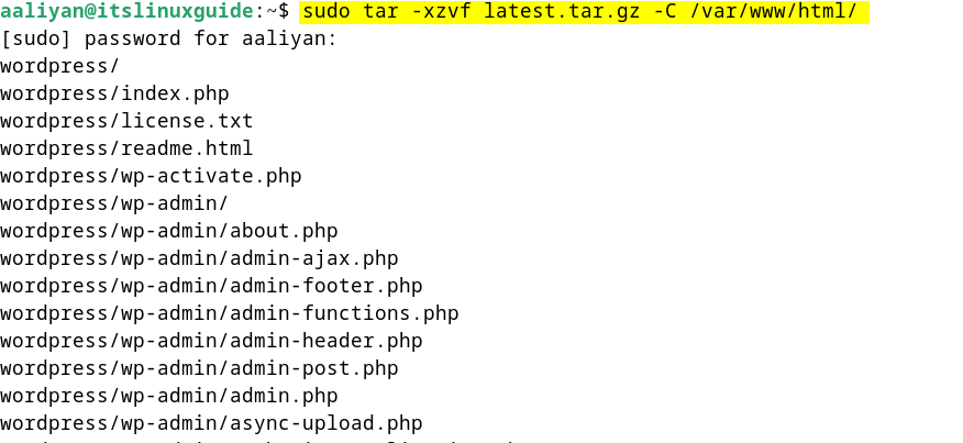 Extracting WordPress tar file in Debian 