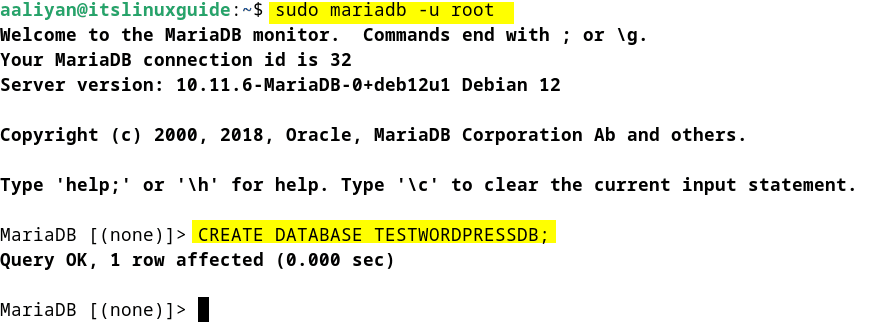 Creating Database in MariaDB on Debian in WordPrress 