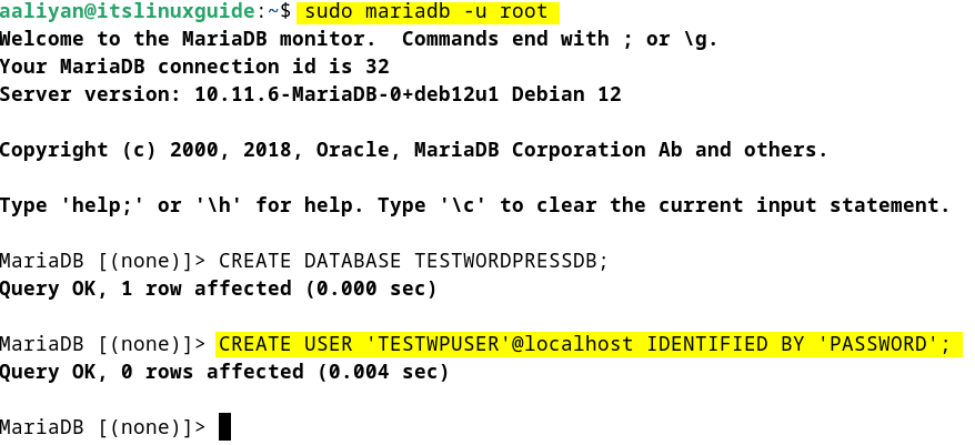 Setting Username and password for the database in MariaDB for WordPress in Debian