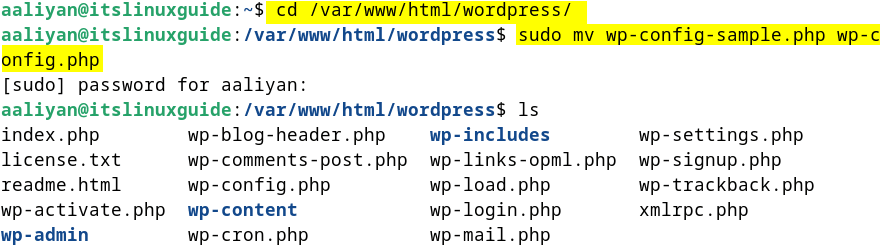 Navigating to WordPress directory and renaming the configuration file 