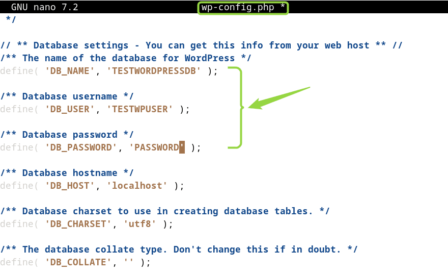 Adding the database name, its username and password in WordPress configure file on Debian 