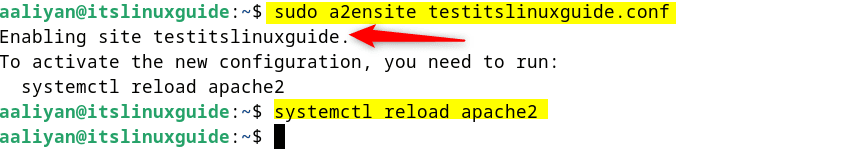 Enabling the domain and then reloading Apache2 on Debian 