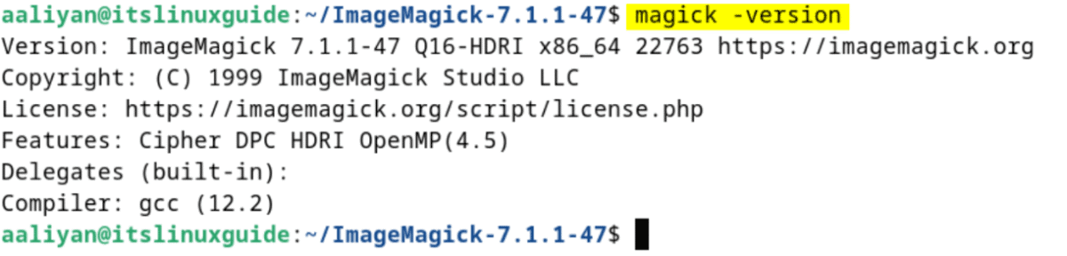 Verifying the ImageMagick installation, by checking the version on Debian