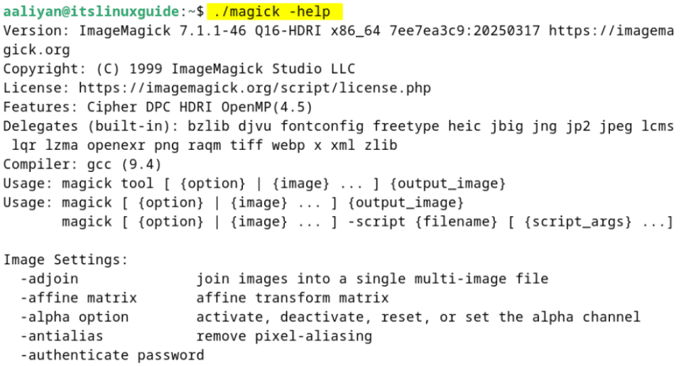 verifying the permissions of ImageMagick AppImage file by executing the help command on Debian