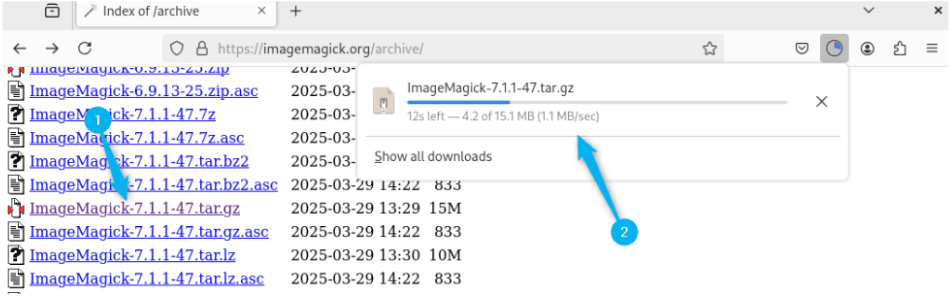 Downloading ImageMagick tar file on Debian via archives 