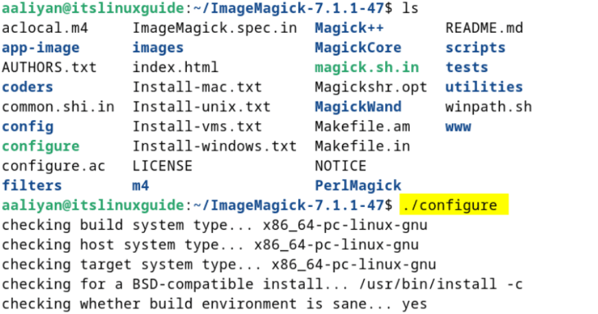 Executing the configuration file to check the availability of dependencies of ImageMagick tar file on Debian 