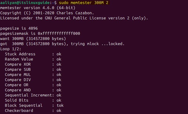 Running memtest on Ubuntu via memtester CLI 