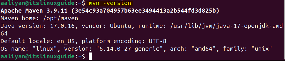 verifying the installation of maven on Ubuntu by checking its version