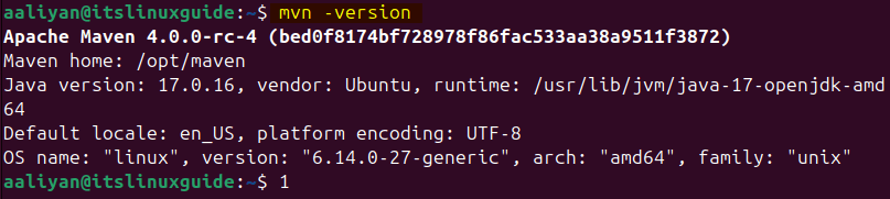 verifying the installation of latest version maven on Ubuntu by checking its version