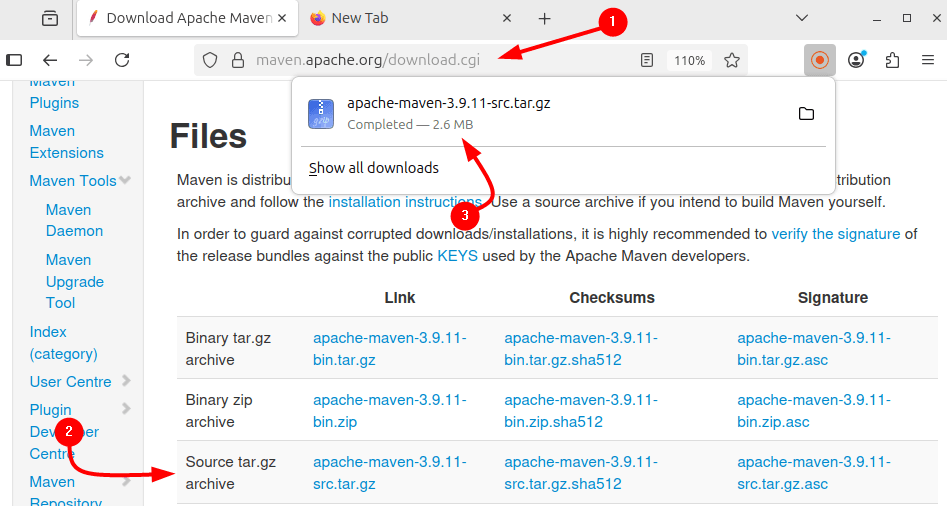 Downloading source code file for Maven on Ubuntu via Maven download page