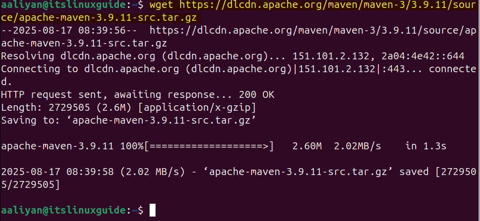Downloading source code file for Maven on Ubuntu via terminal