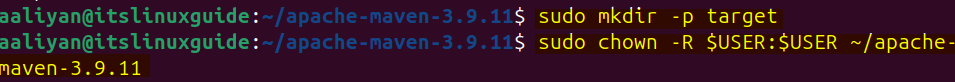 Creating a target directory for building Maven from its source code and assigning it permissions
