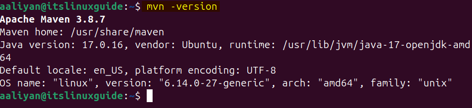 verifying the installation of maven on Ubuntu by checking its version