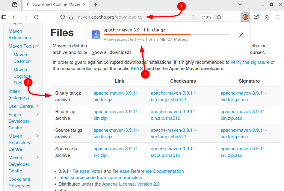 Downloading Maven binary file on Ubuntu via its download page