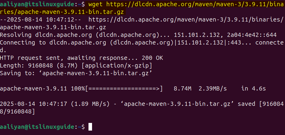 Downloading Maven binary file on Ubuntu via its download link